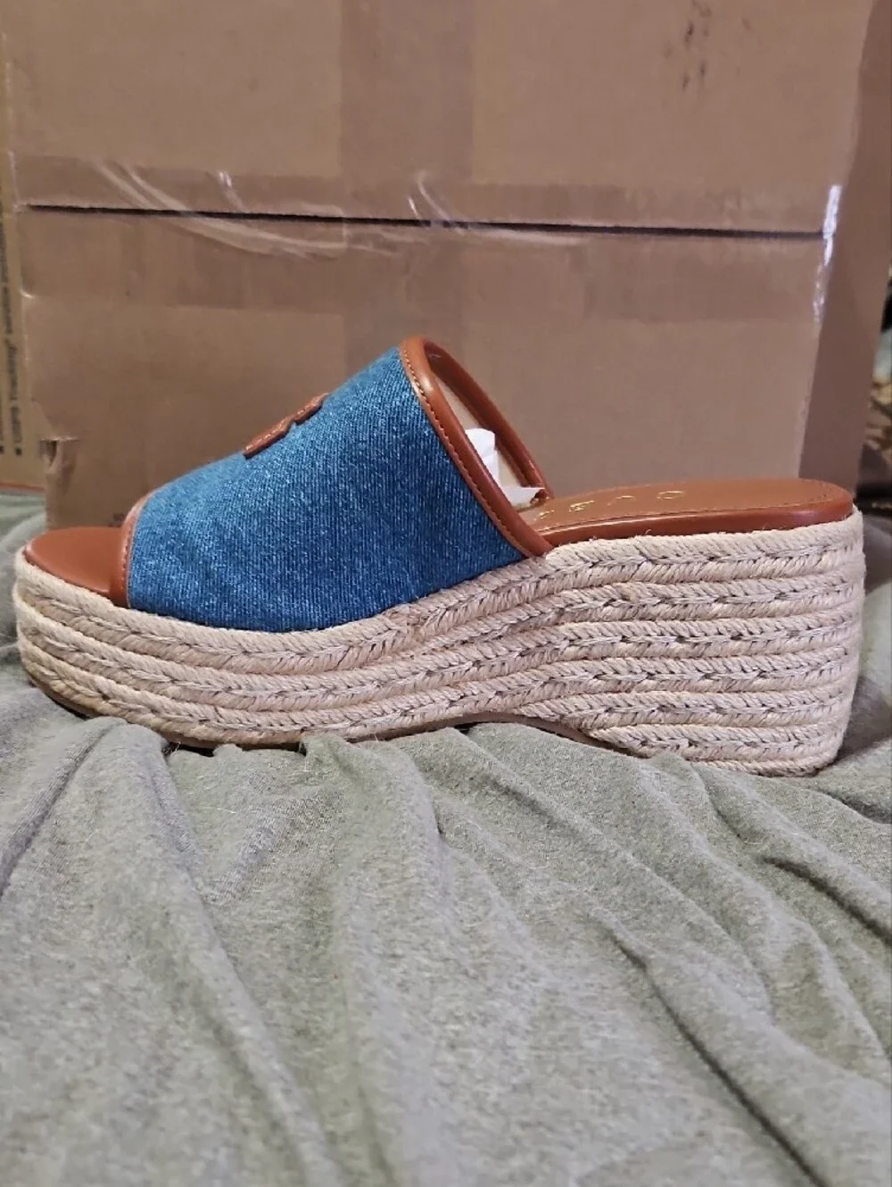 Guess Blue Denim and Tan Platform Espadrille Slide Sandals